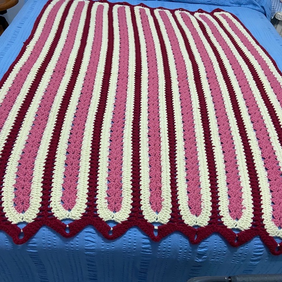 Vintage Handmade Crocheted Afghan Blanket; Rose, Pink, and Cream Stripes; 45x60 - Picture 3 of 10